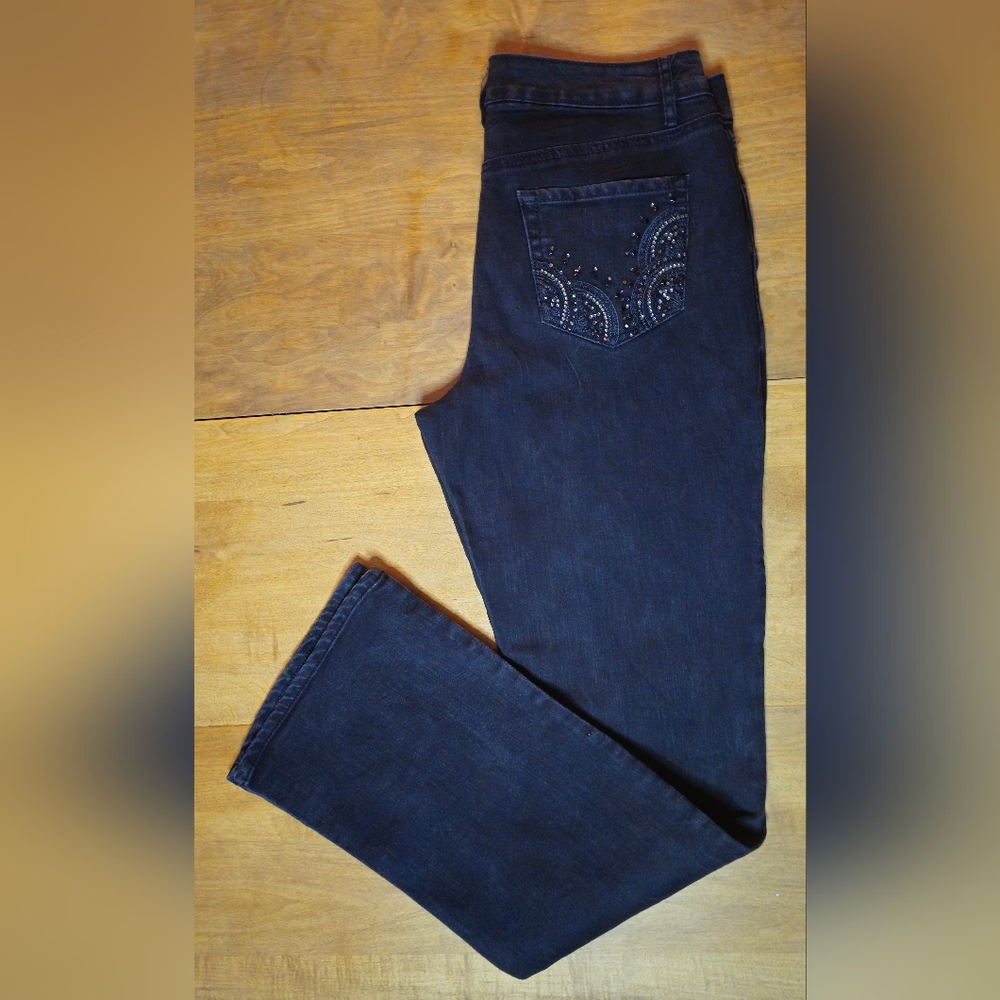 Black Boot Cut Jeans With Embroidered Rhinestone Pockets By Code Bleu